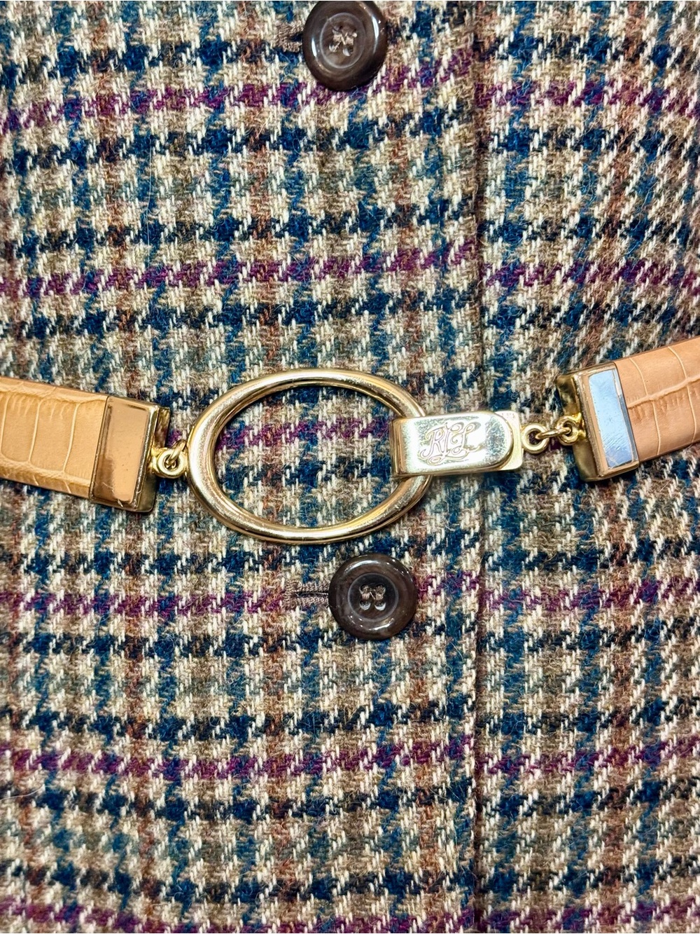 Lauren Ralph Lauren Tan Croc Embossed Leather Equestrian Hook Belt Gold Monogram